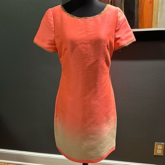 Elie Tahari fitted fluorescent melon ombré hem raw edge sheer/string edged midi - Picture 1 of 8